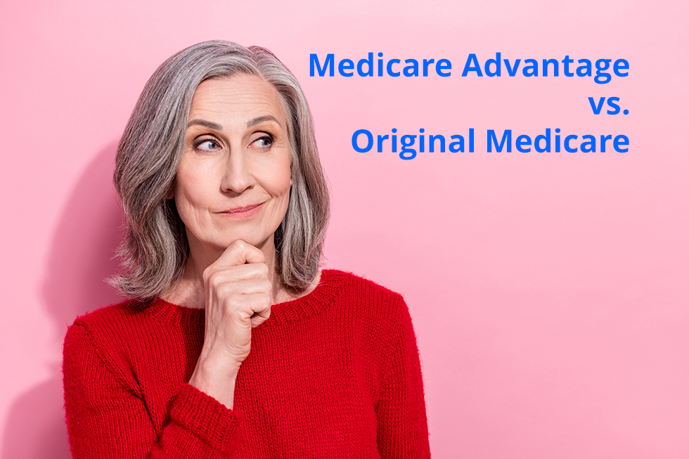 Photo of a senior woman in front of a pink background deciding between Original Medicare and Medicare Advantage