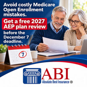 Older couple reviewing 2027 plans on a Medicare Open Enrollment mistakes graphic with the Absolute Best Insurance logo.