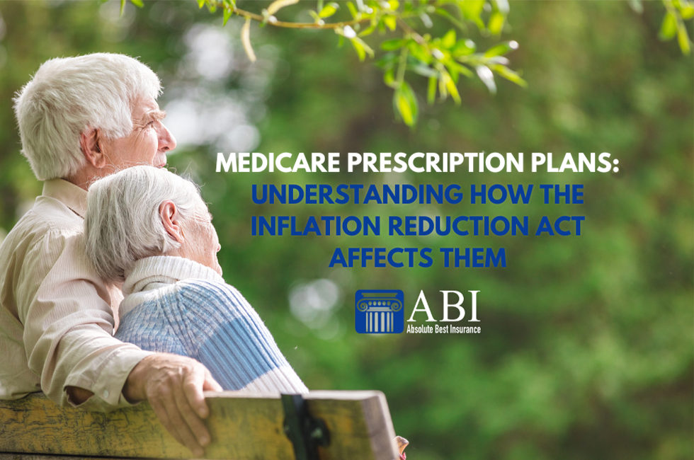 A senior couple on a park bench with the words Medicare Prescription Plans | Medicare Part D Inflation Reduction act