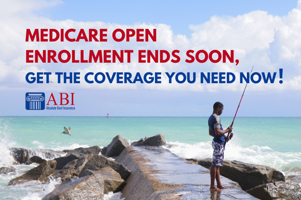 Man fishing off a jetty on the Palm Beach coast with a warning over the top about Medicare Open Enrollment ending soon.