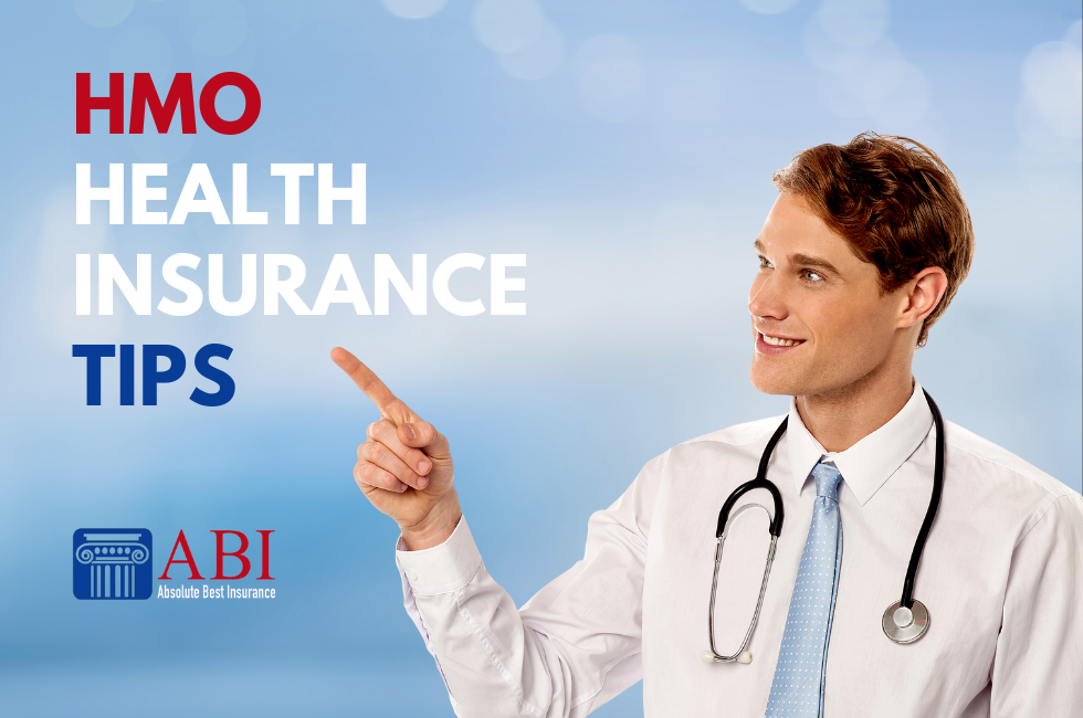 A doctor pointing to the words HMO Health Insurance Tips