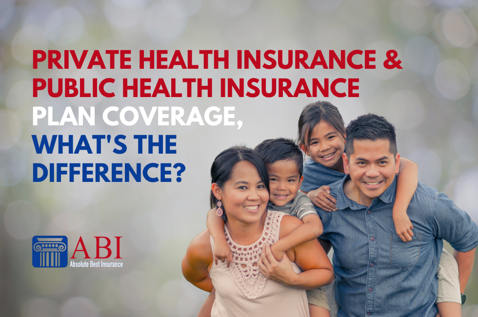 The words Private Health Insurance versus Public Health Insurance above a family of four