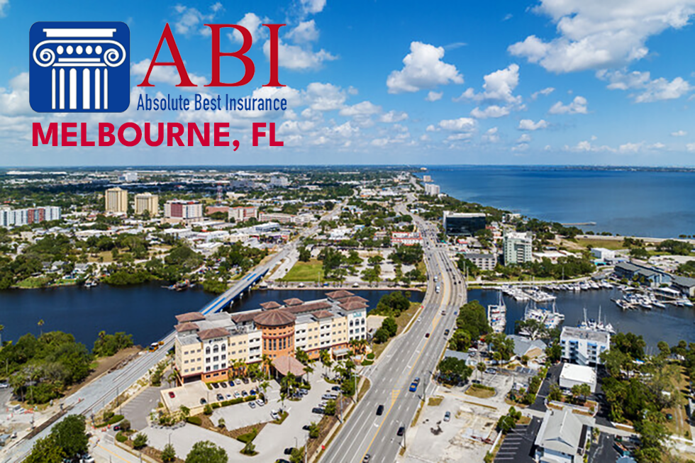 An aerial view of Melbourne, Florida with the logo for Absolute Best Insurance