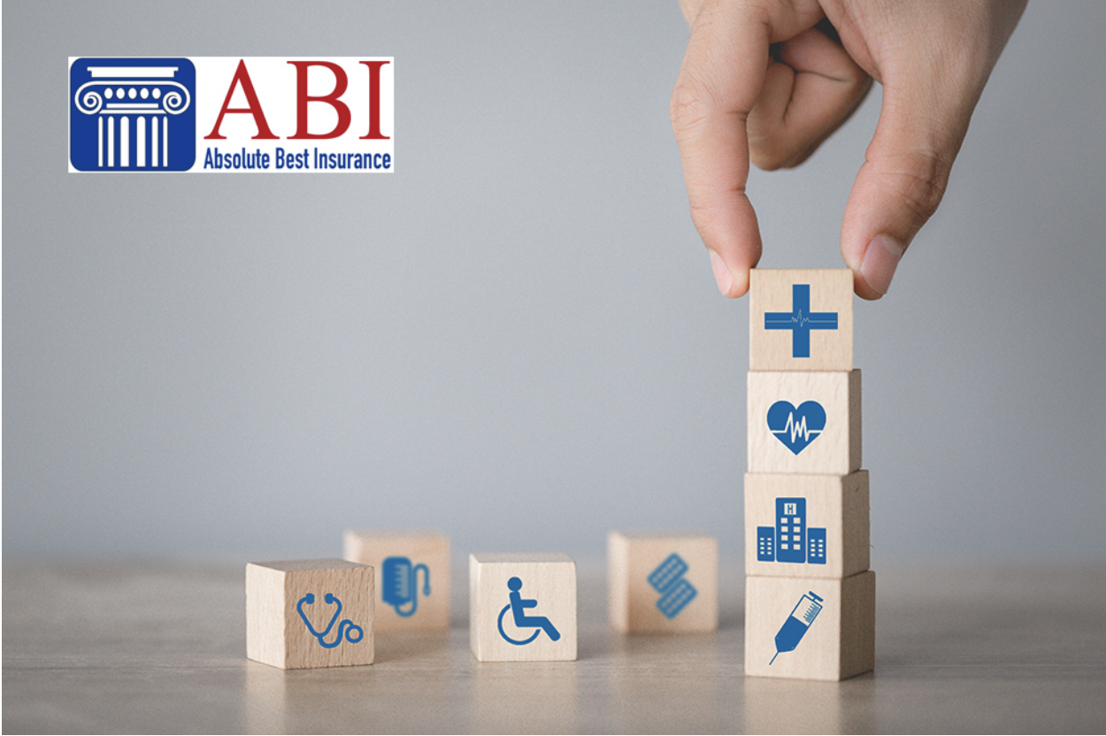 Building blocks with icons showing forms of private health insurance coverage Building blocks with icons showing forms of private health insurance coverage next to a logo for Absolute Best Insurance