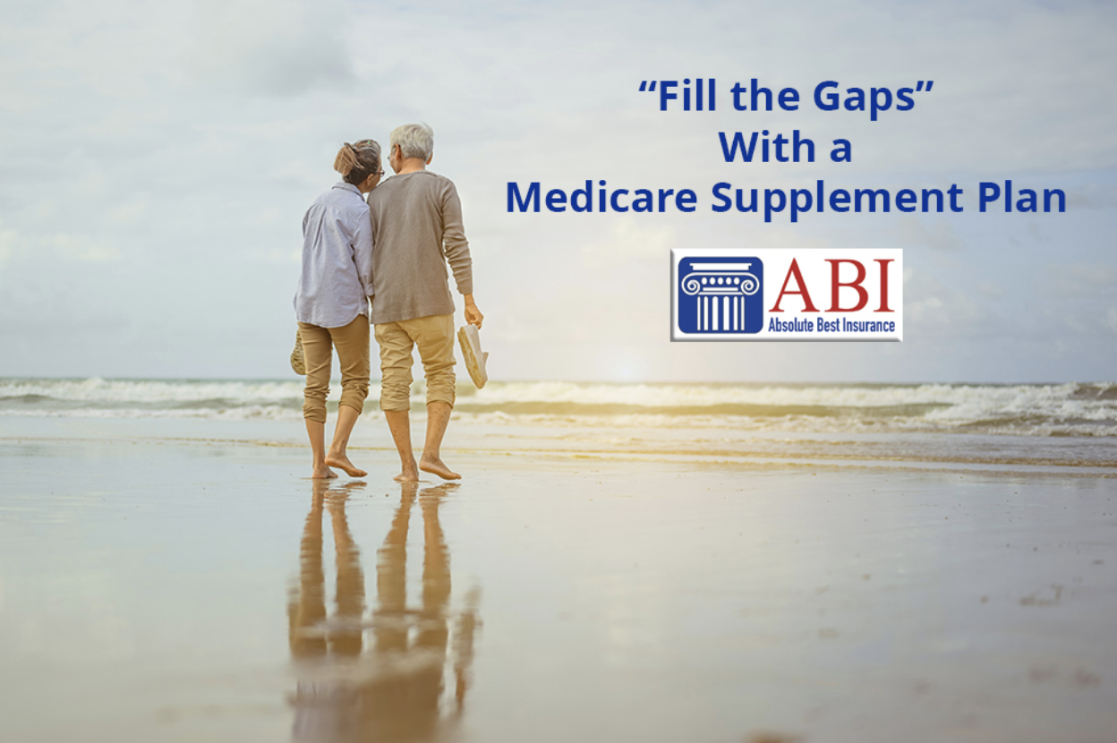 A senior couple walking on the beach next to the logo for Absolute Best Insurance and a mention of Medicare supplement plans