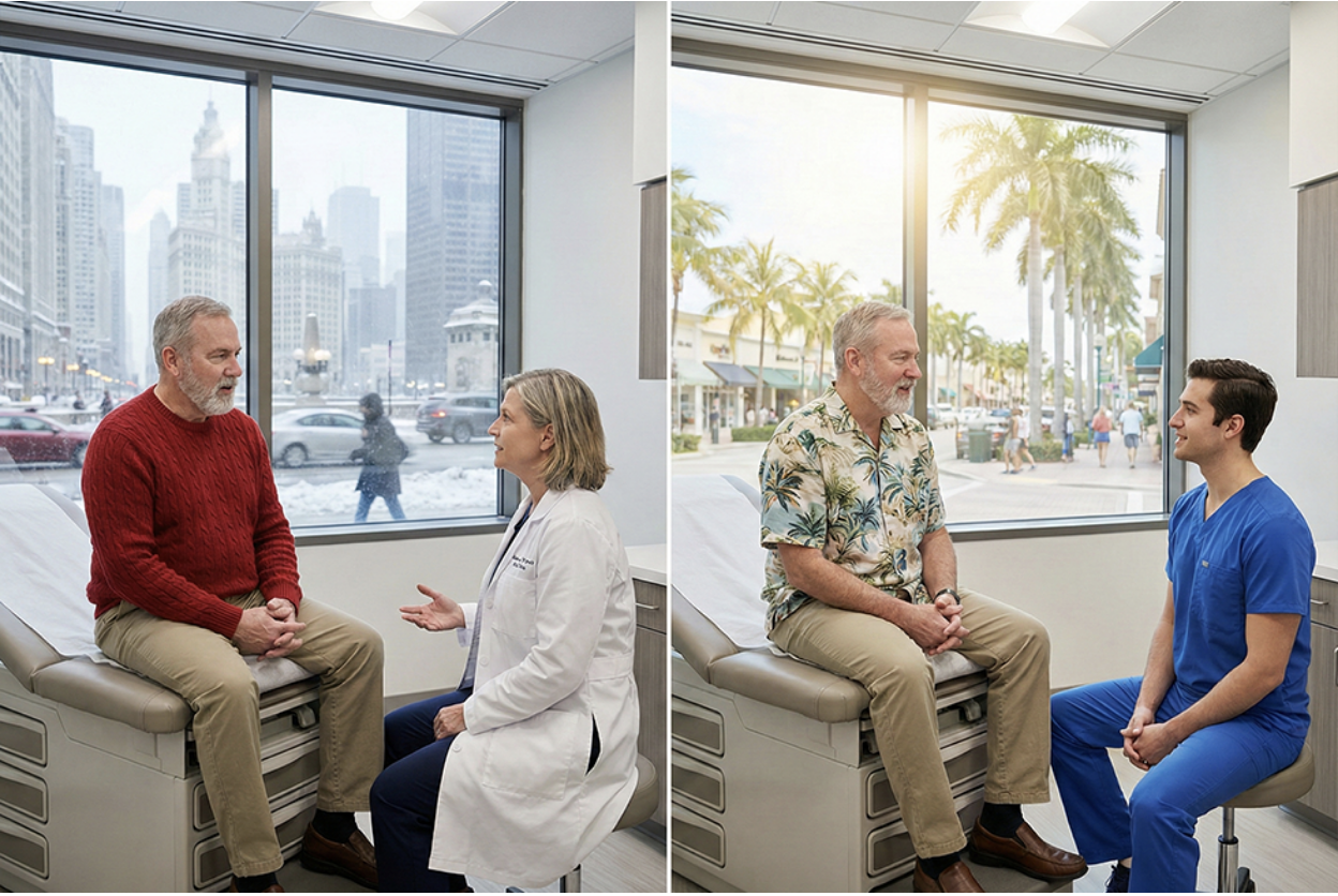 split screen image of a man visiting a doctor in two different states.