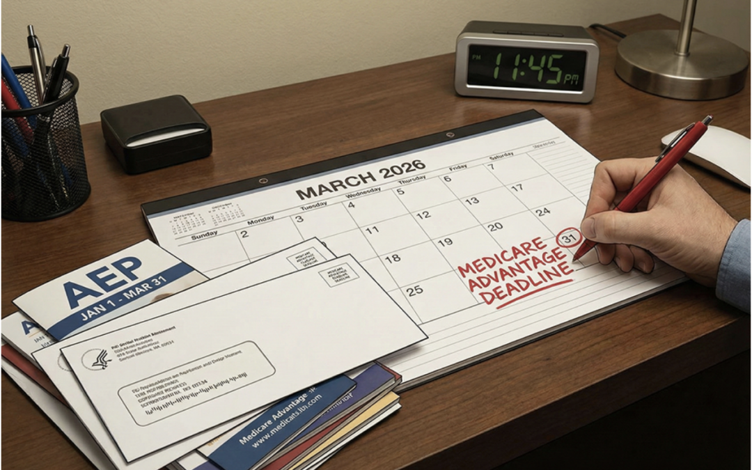 A calendar and stacks of mail showing the Medicare Advantage annual enrollment period.