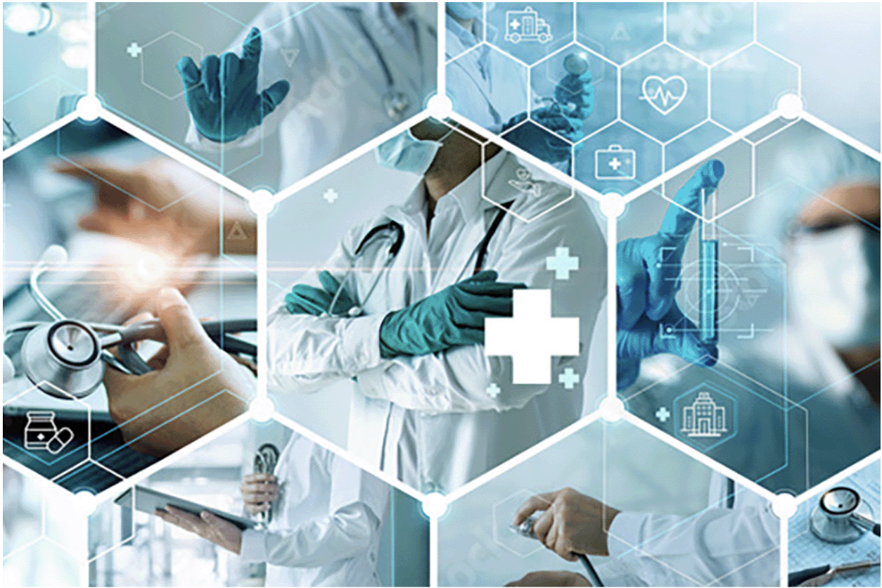 A collage showing different aspects of medical care.