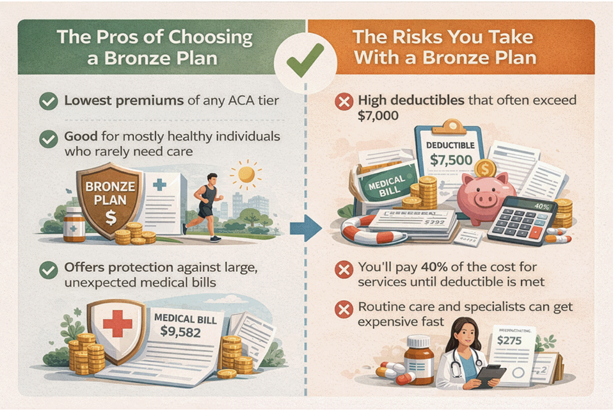 An illustrated infographic explaining the pros and cons of the Healthcare Marketplace Bronze Tier plans.