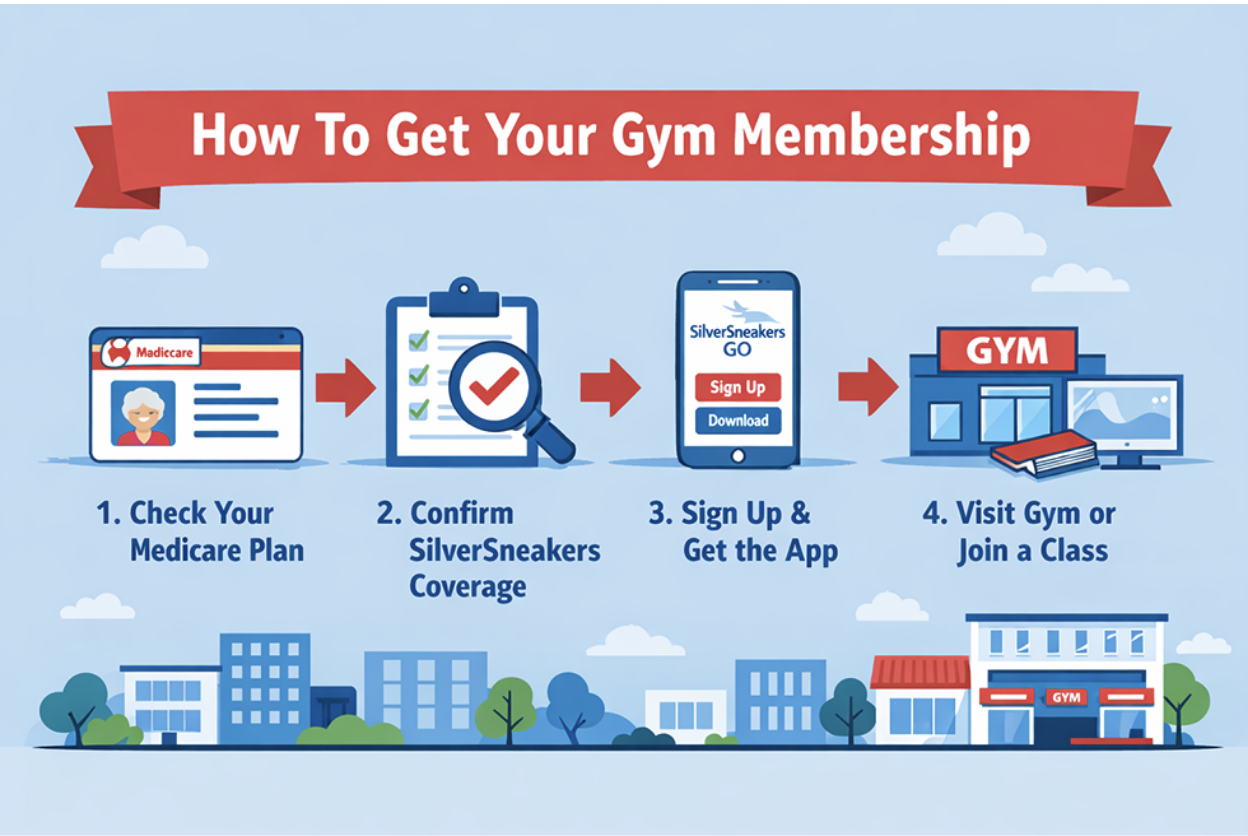 An illustrated infographic showing how to get a gym membership through SilverSneakers and Medicare Advantage.