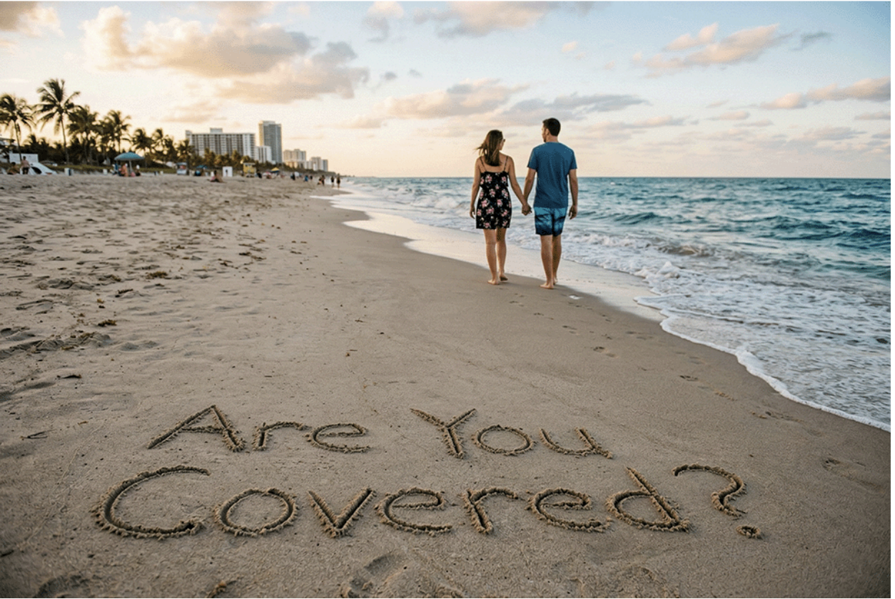 The words Are You Covered written in the sand behind a couple walking on the beach in Micco, Florida.