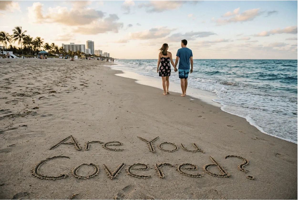 The words Are You Covered written in the sand behind a couple walking on the beach in Micco, Florida.