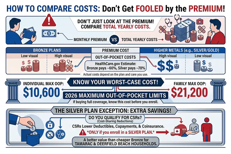 An infographic that explains how to compare Major Medical Insurance annual costs.