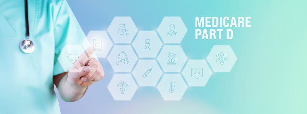 Doctor pointing finger at digital hologram made of medical icons for Medicare Part D.