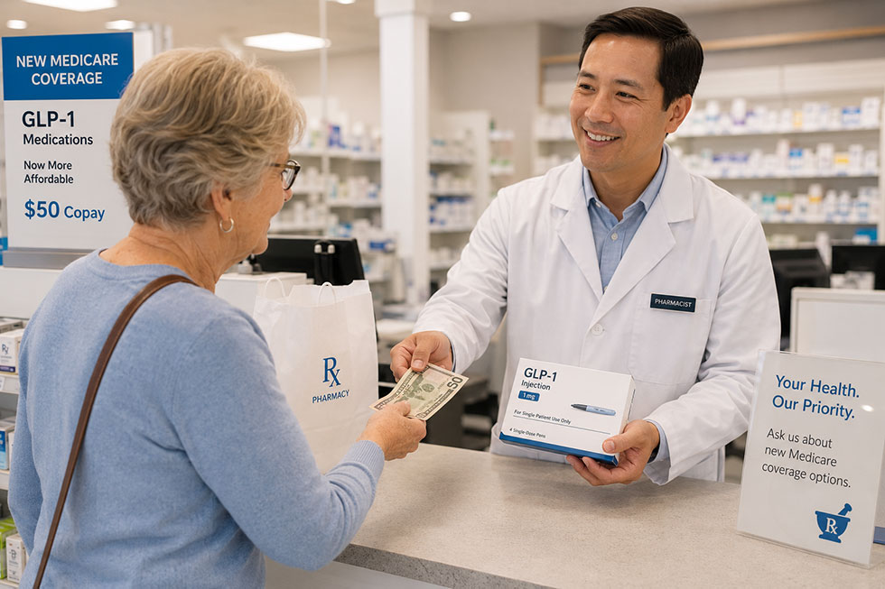 A woman is giving her pharmacsit her fifty dollar Medicare copay for her GLP-1 prescription pen.