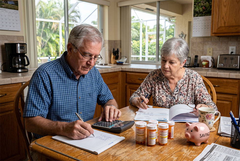 A senior couple seated in the kitchen of their Greenacres home and going over their prescription medication budget.