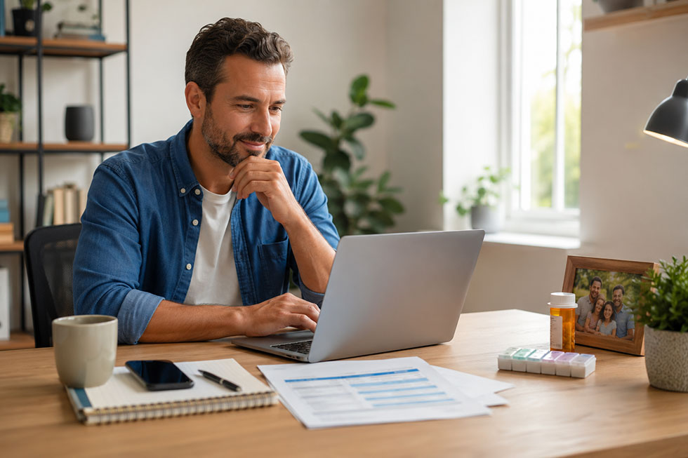 a man is at home and searching for an Obamacare health insurance plan online.