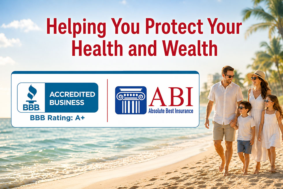 Florida family on the beach beside the Absolute Best Insurance logo and BBB Accredited Business A+ rating badge.