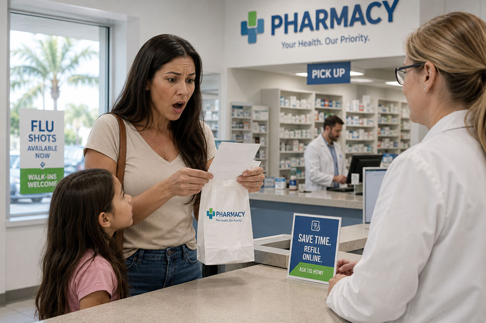 Woman at Florida pharmacy counter surprised by prescription cost while her young daughter stands beside her during medication pickup.