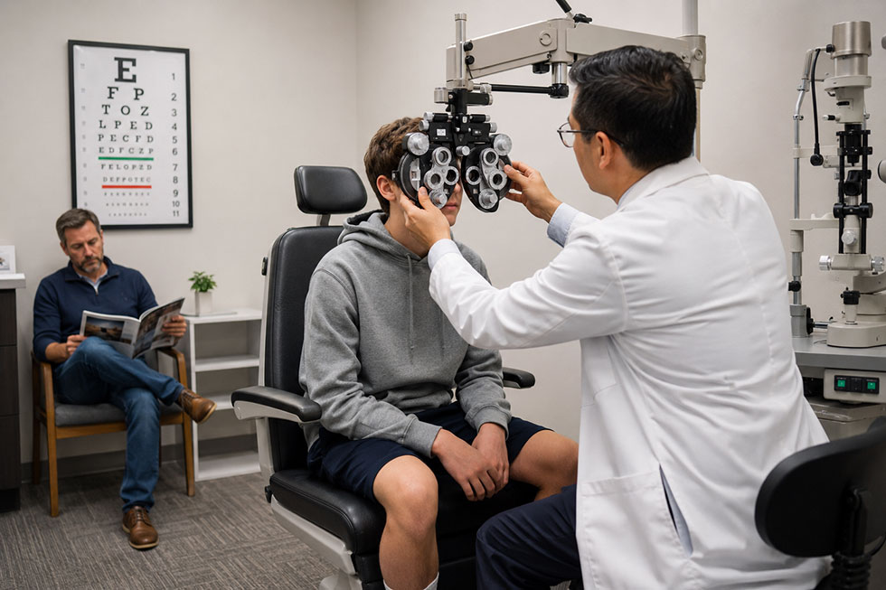 Teen boy getting an eye exam at an optometrist office while his father waits nearby reading a magazine during a family vision care visit.