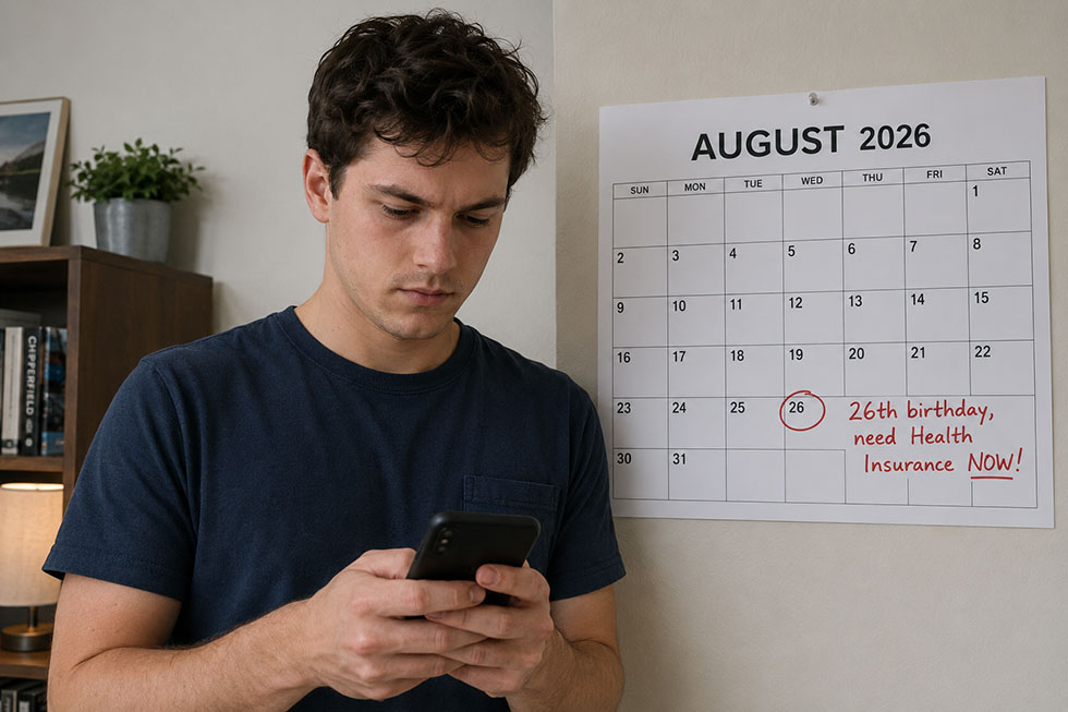 Man turning 26 checks his phone beside an August 2026 calendar reminder to get health insurance before he turns 26.