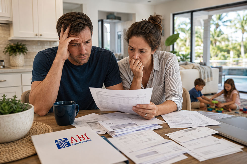 Concerned Florida family reviewing medical bills at kitchen table while comparing full health coverage gaps for 2027 insurance planning.