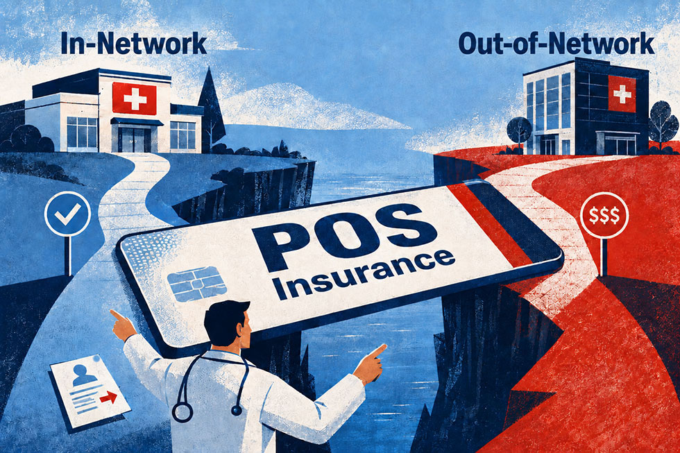 illustration of POS health insurance connecting a primary care physician with in-network and out-of-network medical care.