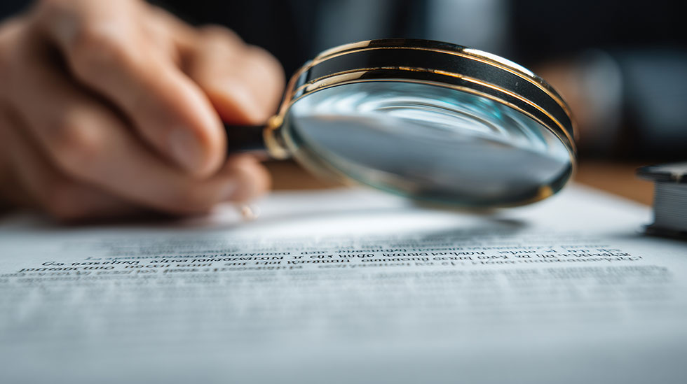 A hand holding a magnifying glass to read the fine print on a health insurance supplement contract.