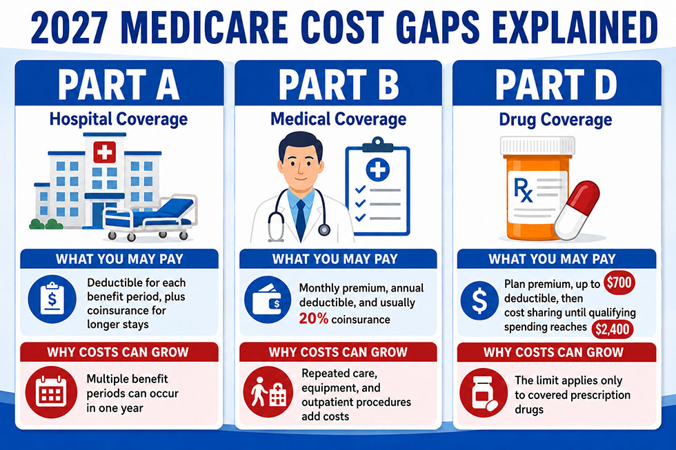 2027 Medicare cost gap infographic comparing Part A hospital, Part B medical, and Part D prescription drug expenses.