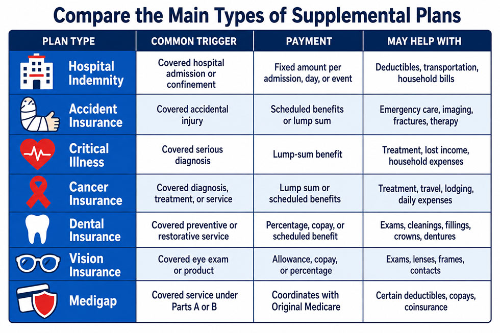 Infographic comparing supplemental health insurance plans, payment methods, benefit triggers, and covered expenses.