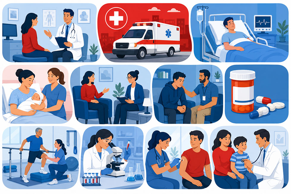illustration collage of essential healthcare services covered by POS health insurance plans.