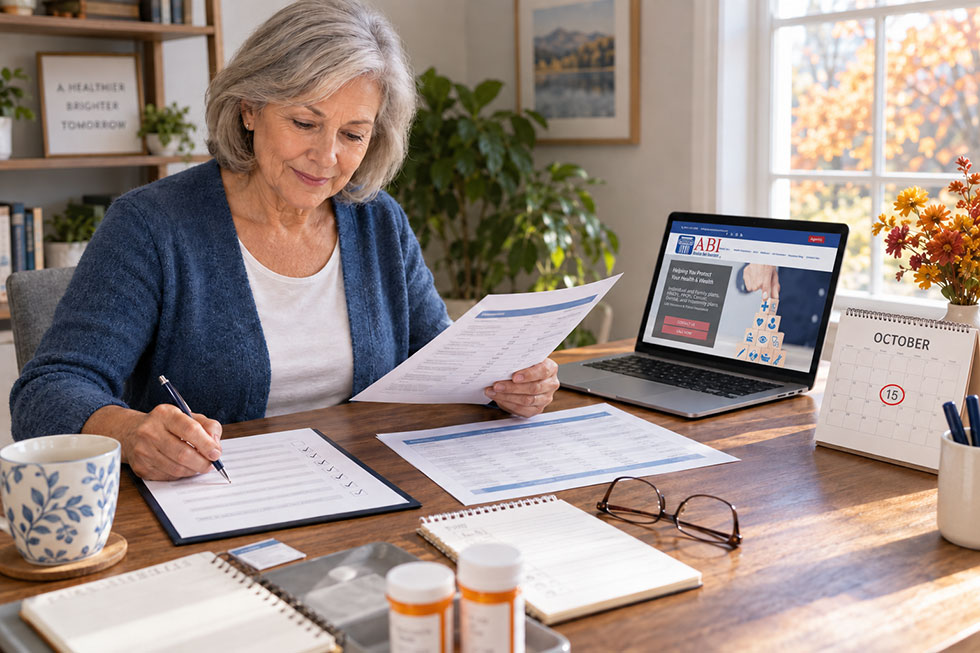 Senior woman reviews coverage before the 2027 Medicare Annual Enrollment Period begins October 15.